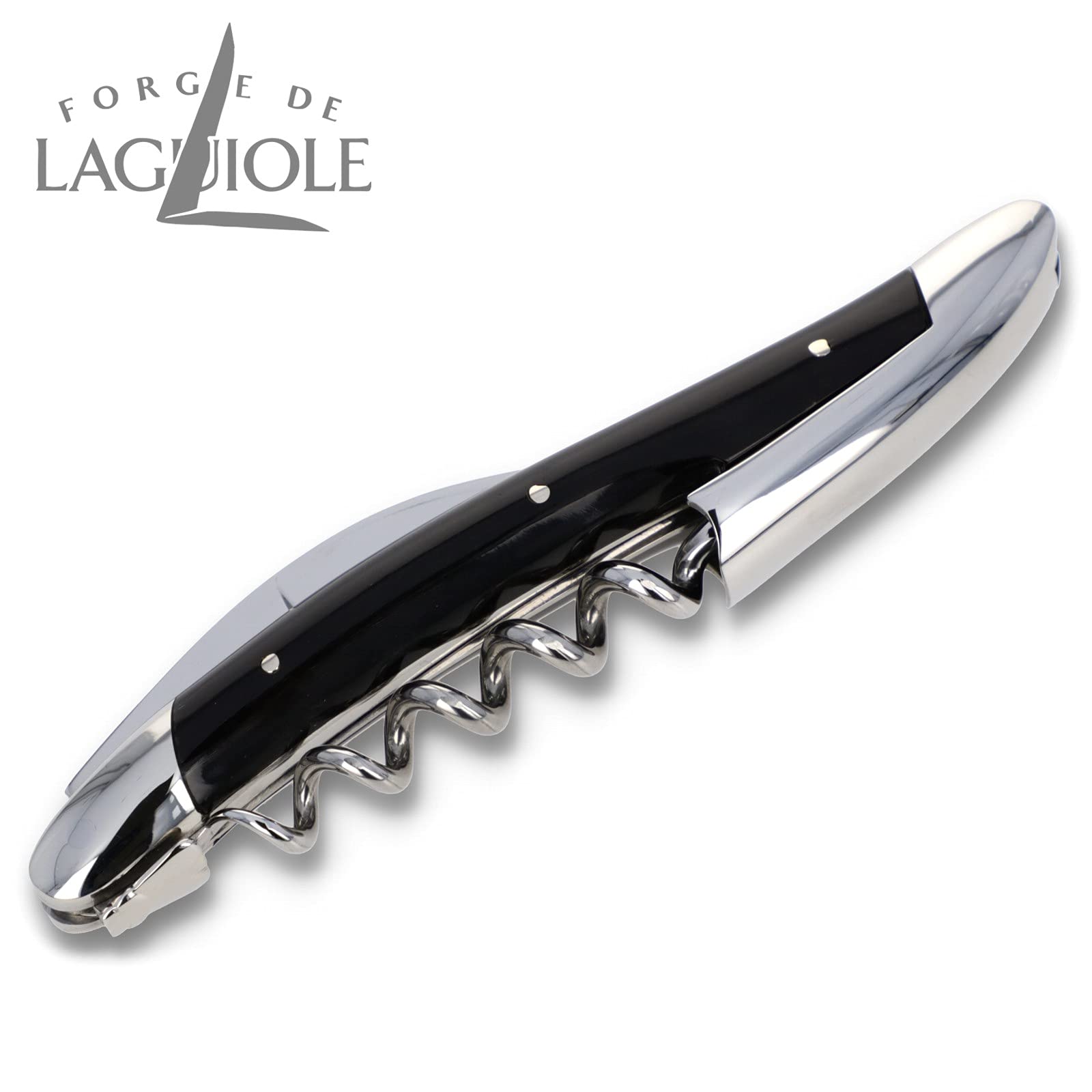 Forge de Laguiole Sommelierbesteck - Griff Büffelhorn schwarz - Edelstahl glänzend - Kellnermesser Weinöffner Frankreich