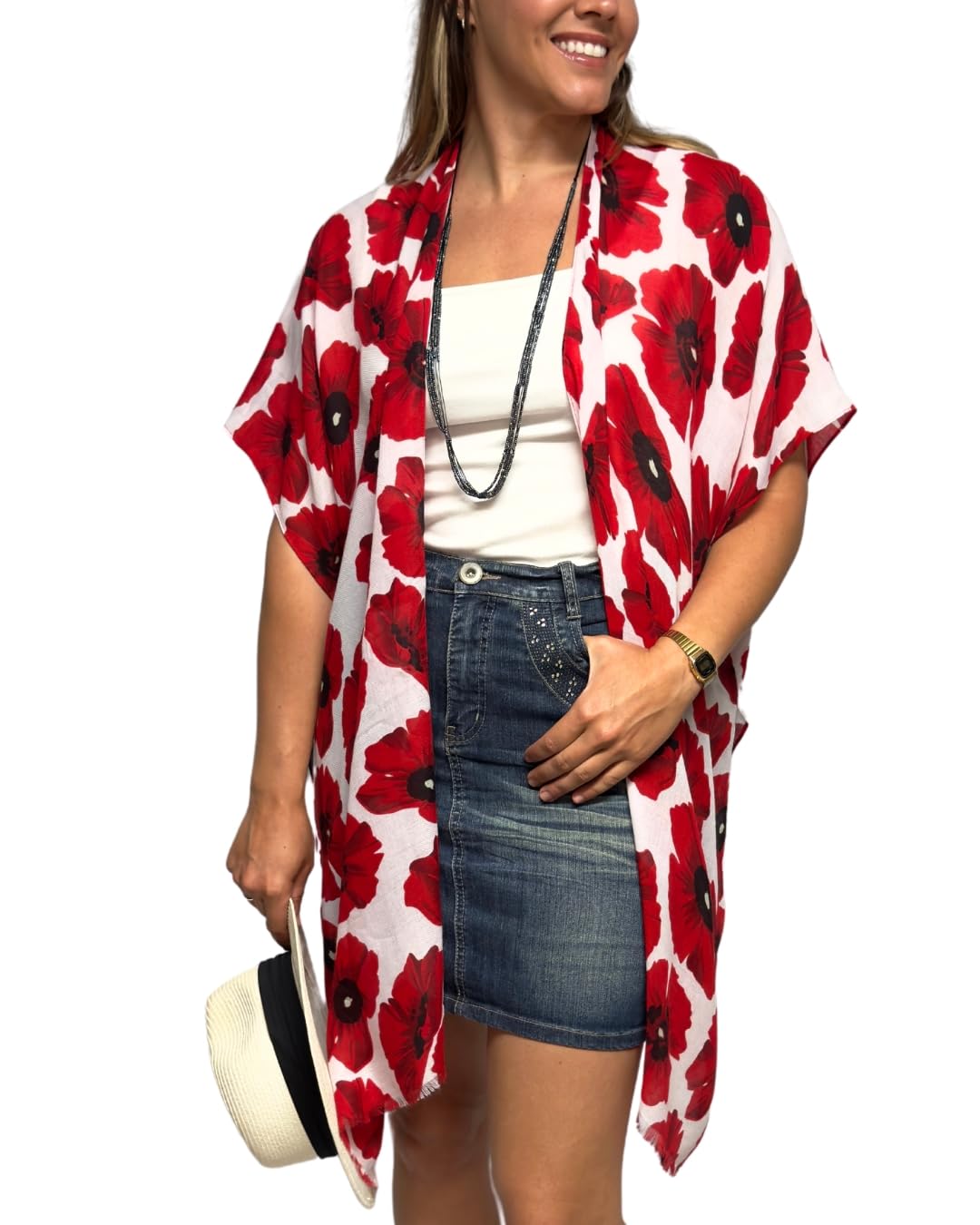 Humble Hilo Cardigan kimono sans manches léger pour femme, décontracté et fluide, Coquelicots rouges, S/M, Taille unique