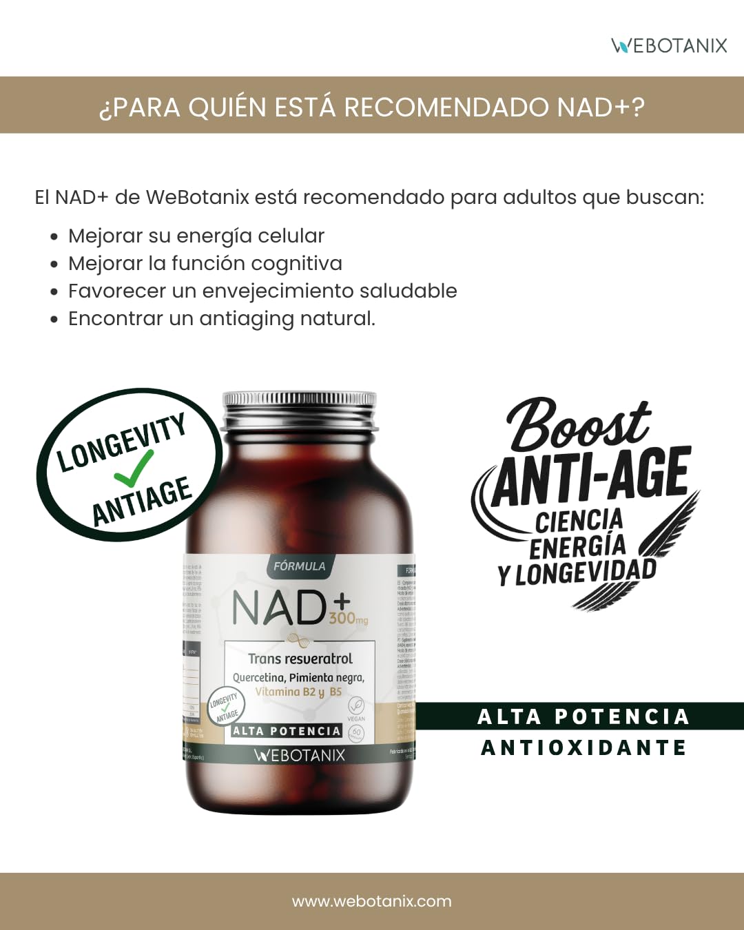 WeBotanix | Fórmula NAD+ con Trans-Resveratrol y Quercetina | 60 Cápsulas | Con Vitaminas B2 y B5 + Piperina | Energía Celular, Reparación y Longevidad | Sin Gluten | Vegano