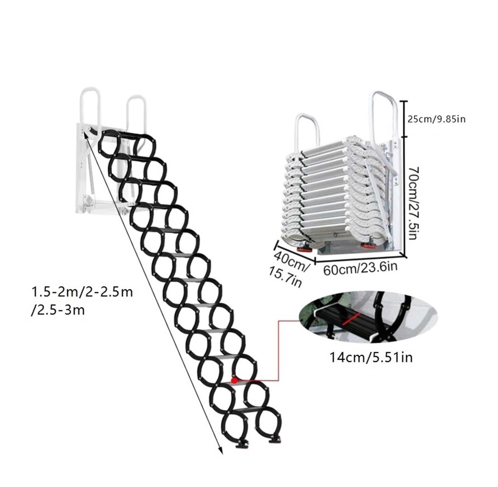 Schody strychowe, składane, loft, schody z poręczami, montowane na ścianie, chowana drabina loftowa, do garażu, piwnicy (2,5-3 m)