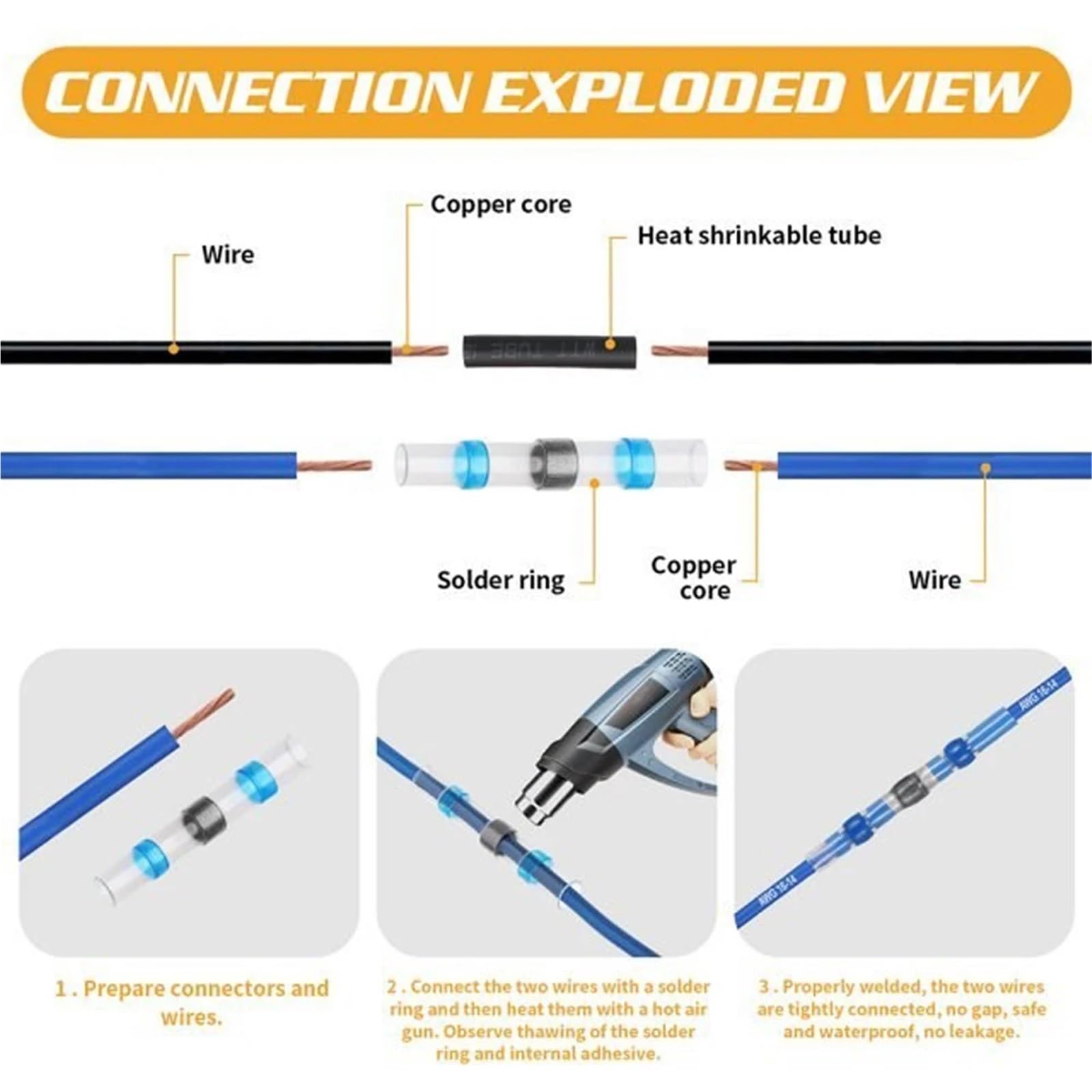 Conectores termorretráctiles, terminales de tubo manguito, empalme eléctrico, conector cable, soldadura para cables(Yellow AWG 12-10,200pcs)