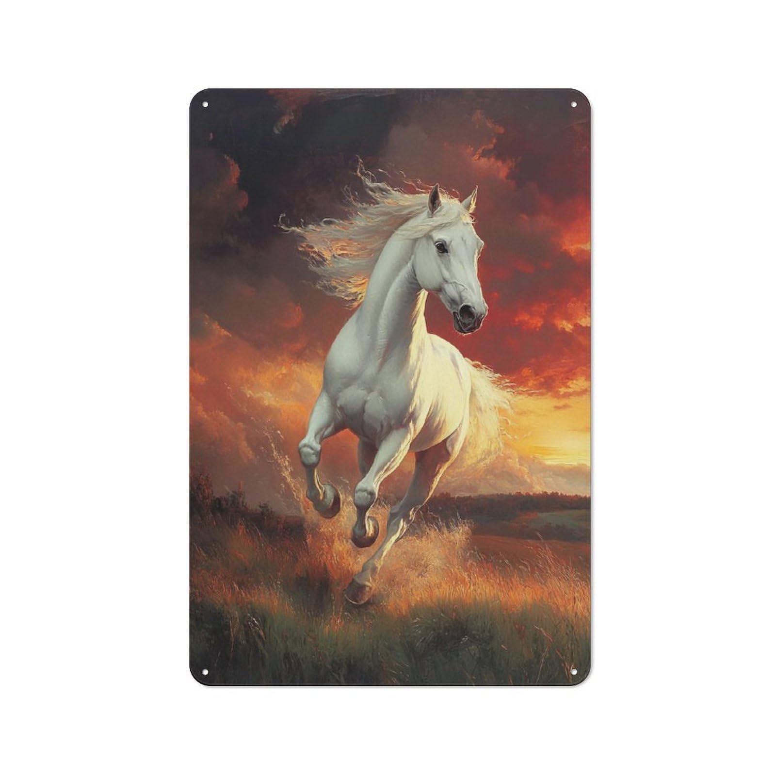 Junmoney White Horse Running Sunset Understated Metal Wall Decor 30X20cm, Decorative Metal Sign For Workspace, Cafe, Shop Or Desk Area