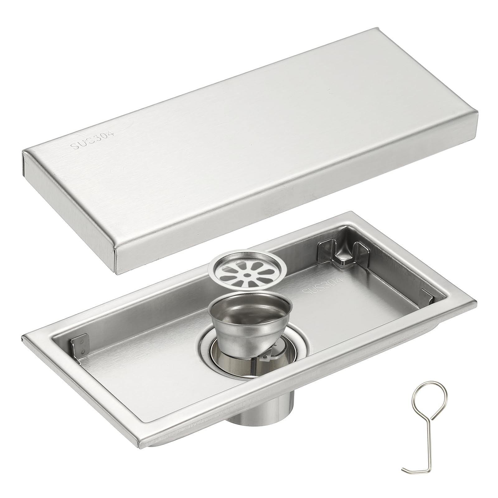 sourcing map Rectangular Shower Drain, Brushed 304 Stainless Steel Odor-proof Floor Drain Linear Shower Drain Hair Catcher for Bathroom Kitchen and Laundry Room(8 Inch, Brushed Silver)