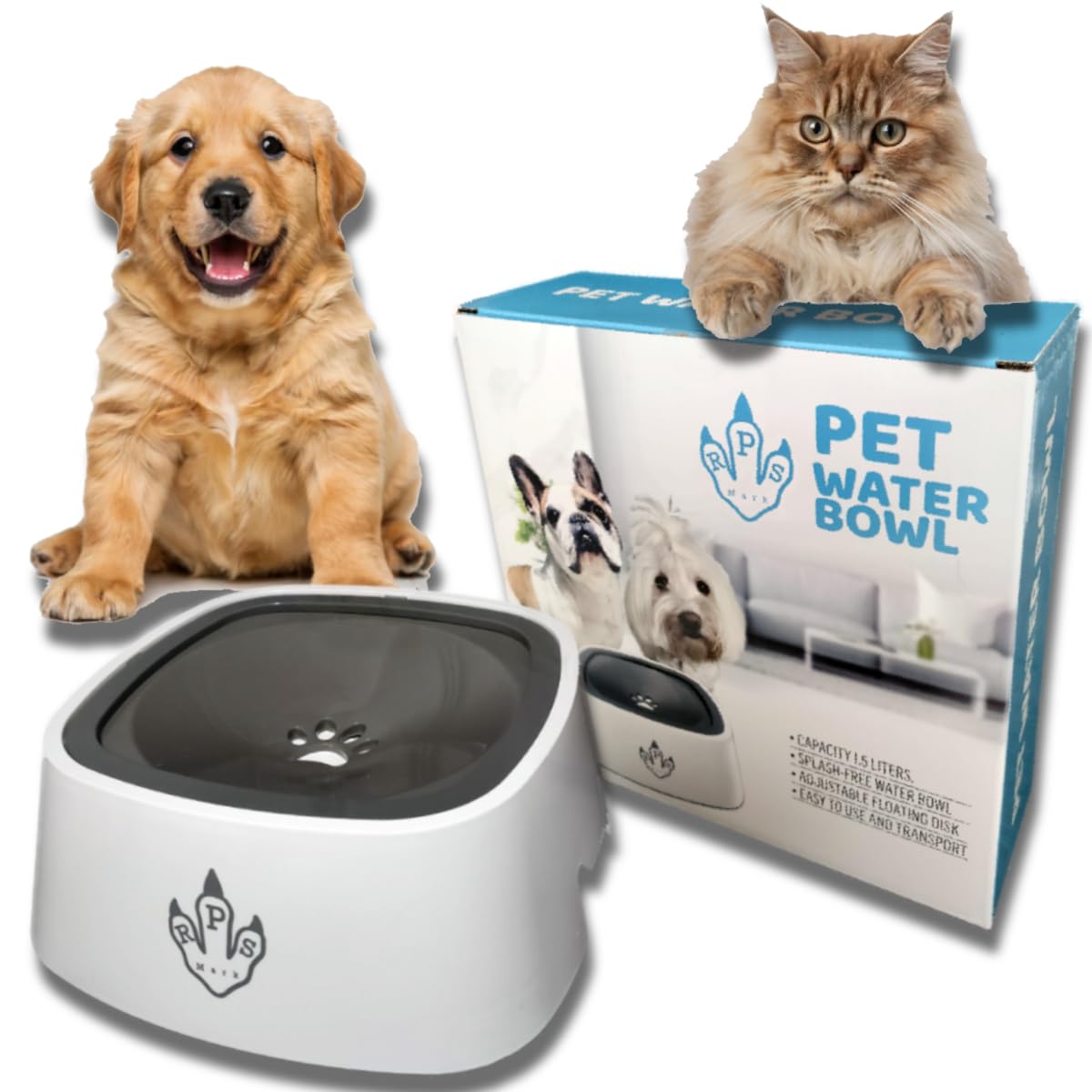 RPS Mark, Bebedero Perro Antigoteo 1,5L, Flotante, Antivuelco, Bebedero Antisalpicaduras Perro y Gato, Bebedero Antiderrame para Mascotas, Base Antideslizante, Cuenco de Agua con aro de Seguridad