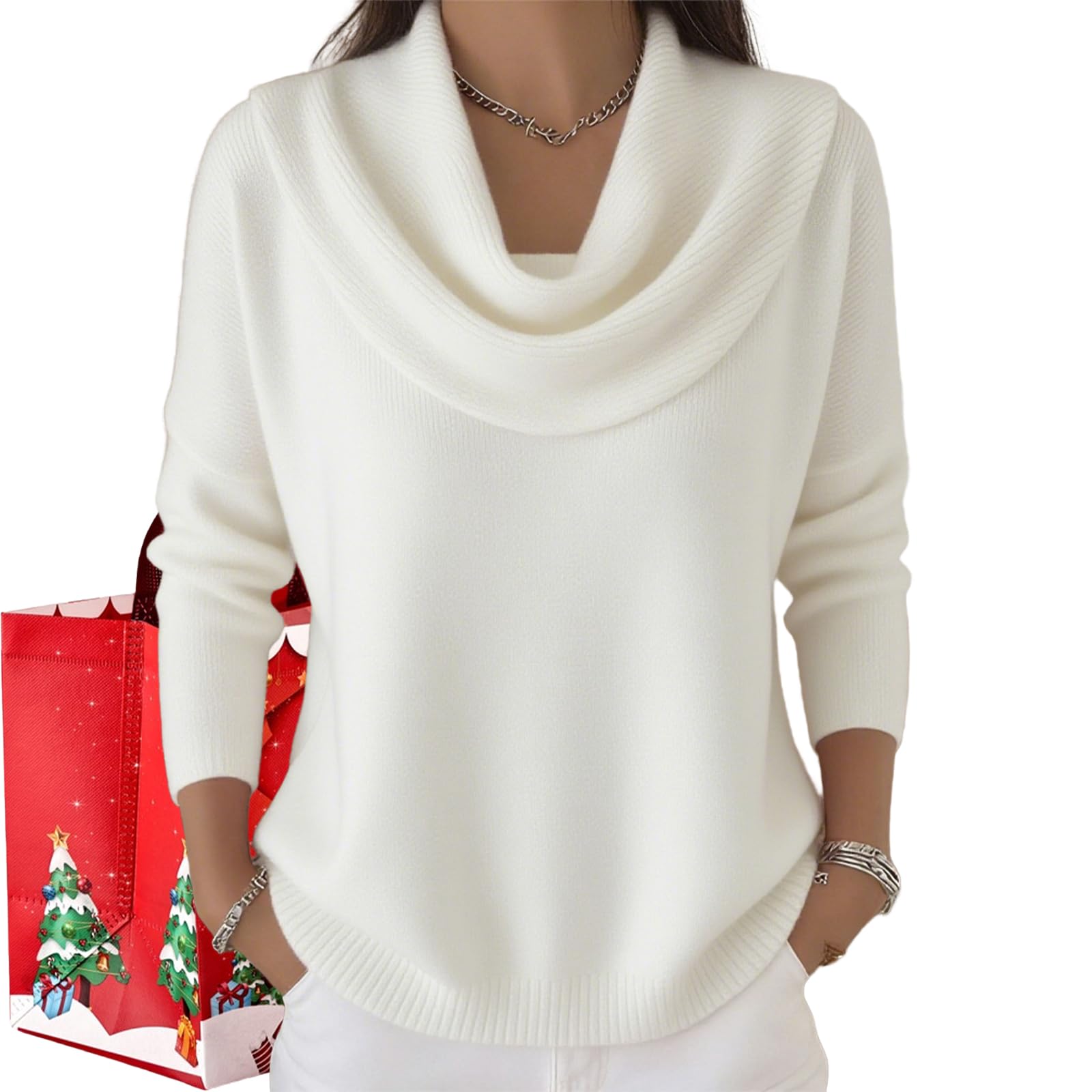2026 New Elegant Retro Soft Triangle Neck Solid Color Sweater Top - Cozy Long Sleeve Knit Pullover for
