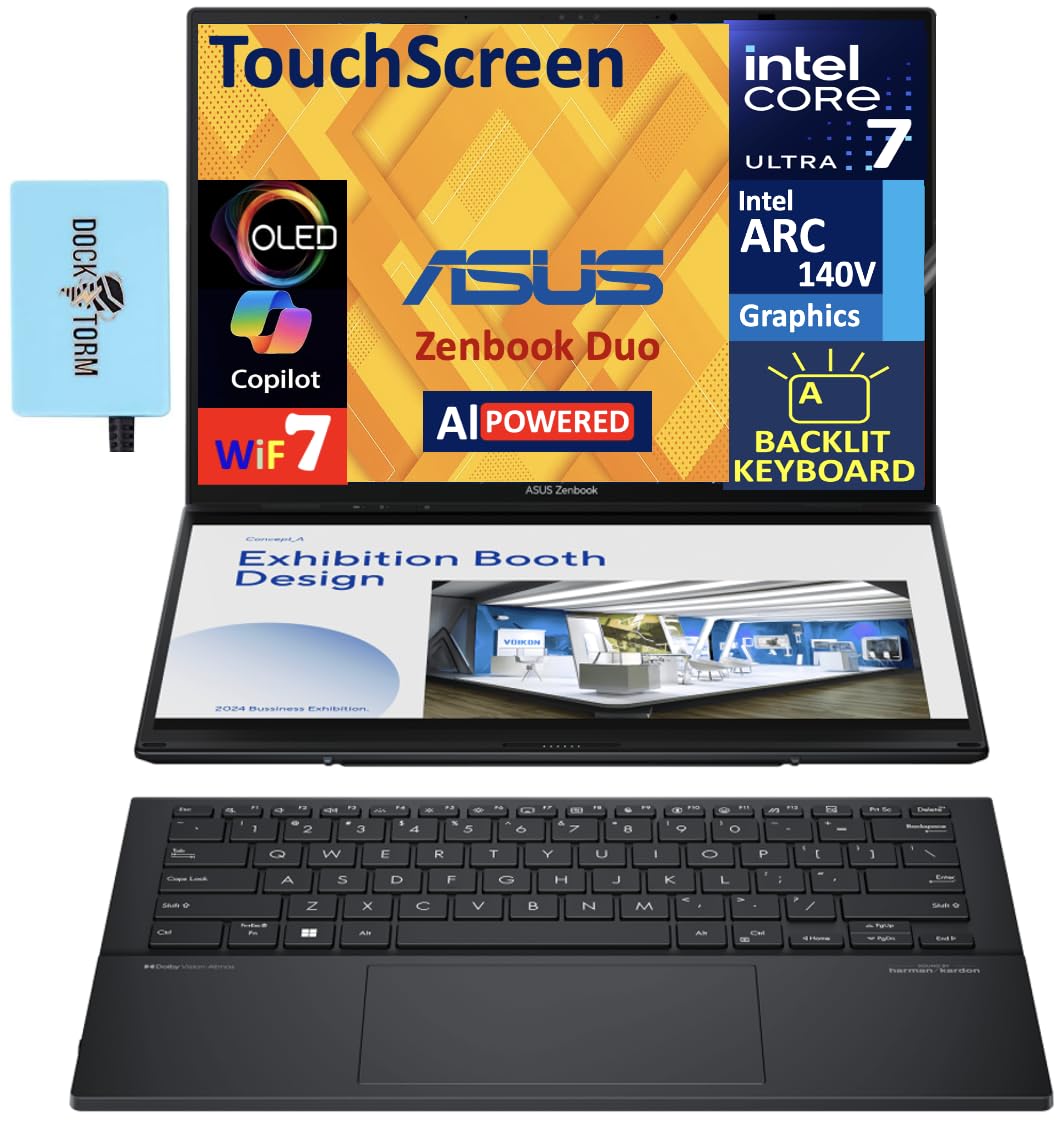 ASUSZenbook Duo AI Powered 2-in-1 Laptop 14.0" Touchscreen OLED 2.8K Display (Intel Ultra 7-255H, 32GB LPDDR5X, 2TB PCIe SSD, Backlit KB, 2 Thunderbolt 4, WiFi 7, Win 11 Pro) w/DKZ USB Port Expander