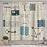 Ambesonne Old Newspaper Kitchen Curtains, Retro Styled Travel Vacation Theme Vintage Suitcases Keys Dot Text, Window Drapes 2 Panel Set for Kitchen Cafe Decor, 55' X 39', Black Cream