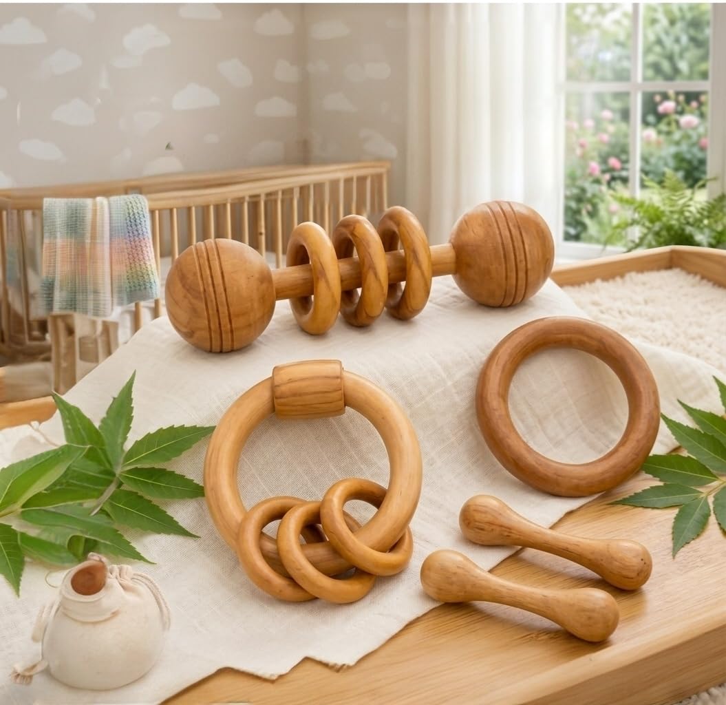 Pure Neem Wood Baby Rattle and Teether Set, 100% Natural, Non-Toxic, Smooth Splinter-Free, Handcrafted-image-13
