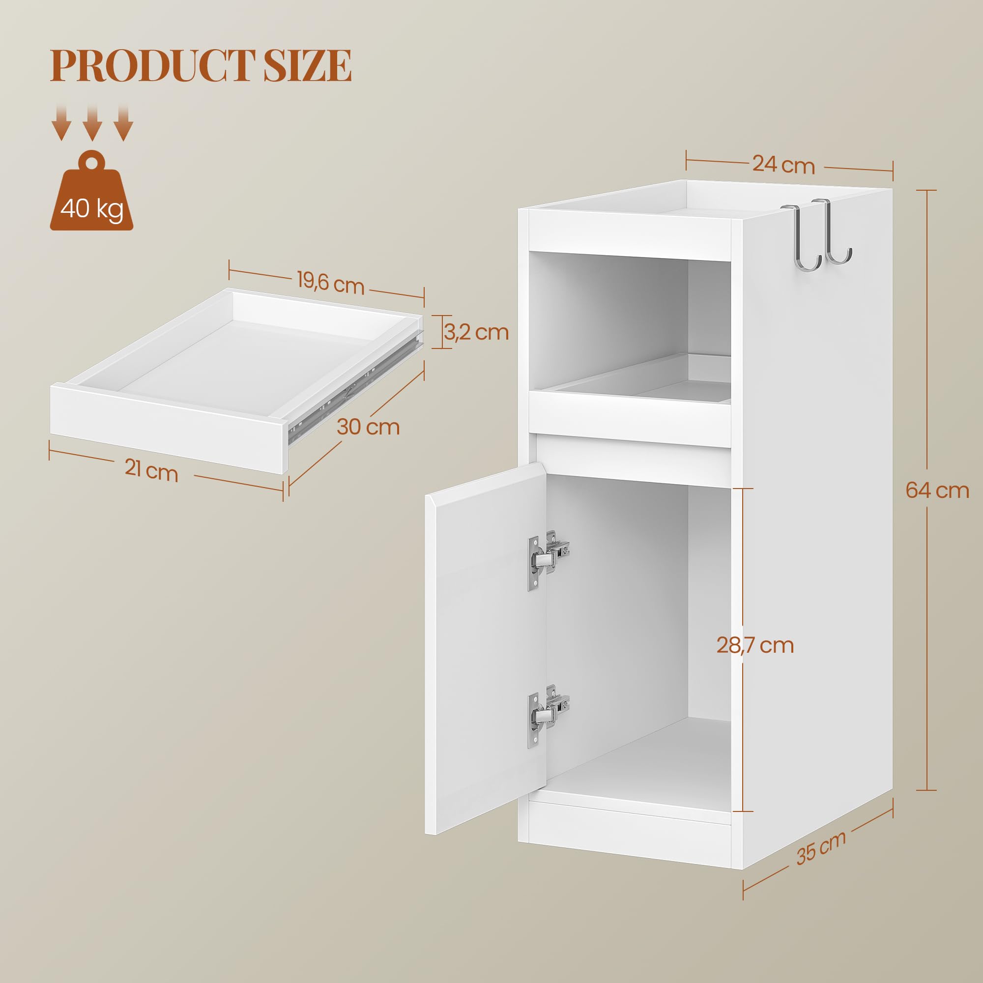 HEXCELEN Schmaler Nachttisch 2er Set mit Tablett, Weiß, 35 × 24 × 64 cm | Beistelltisch mit 1 Tür, Beistelltisch mit 2 Haken, Platzsparend, für Schlafzimmer, Wohnzimmer, Moderner Stil