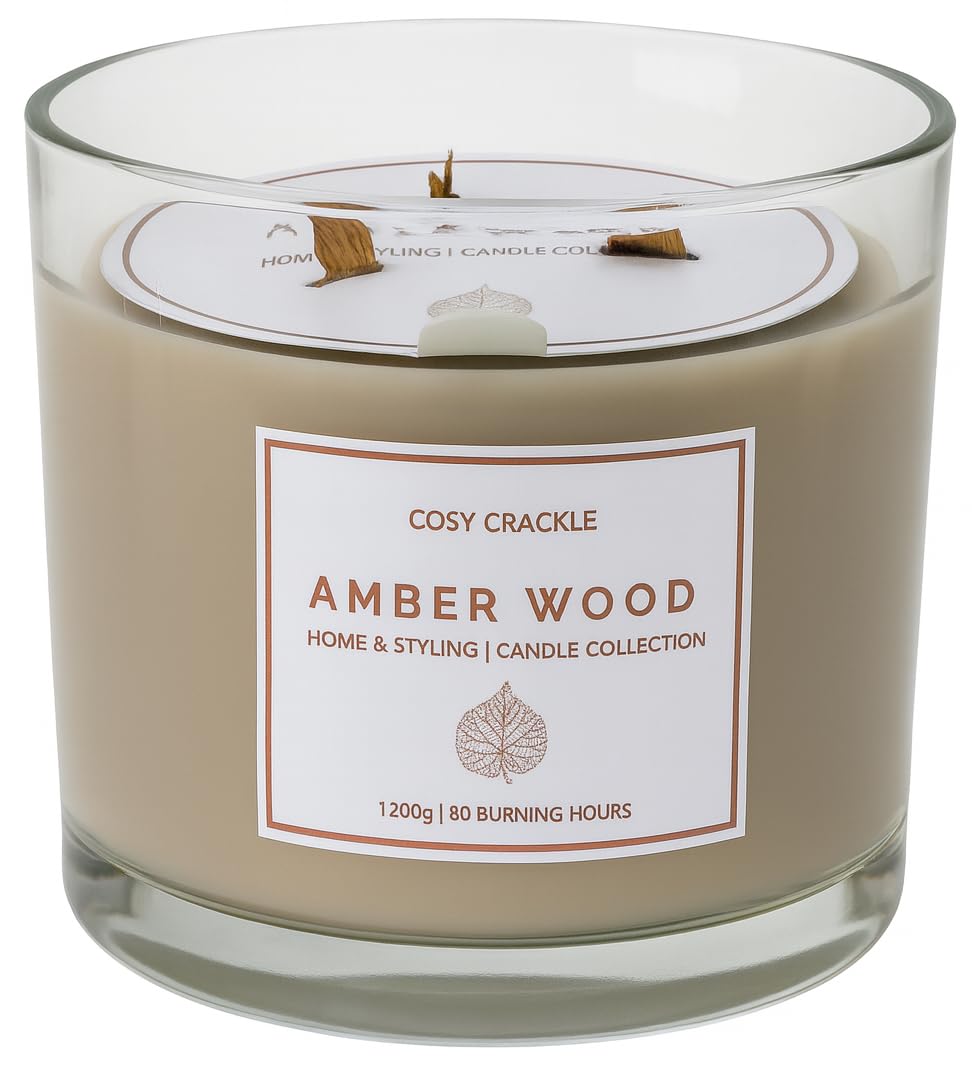 Large Crackling Candle 1.2kg - 80 Hour Burn Time, Long Lasting Luxury Scented Jar Candle with Wooden Crackle Wick for Relaxing Ambience & Home Decor (Amber Wood)
