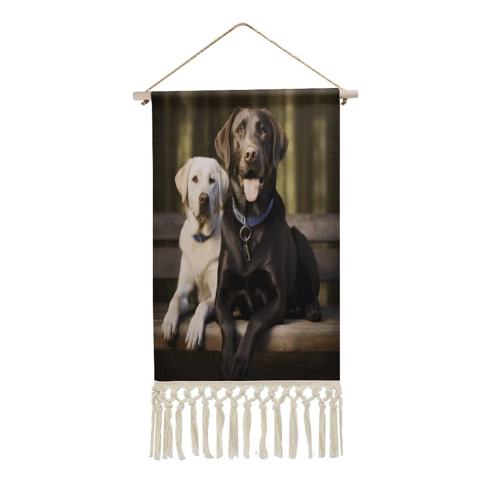 VstaDank Labrador Wall Art Decor with Tassels 20"x10" Cotton Linen Hanging Tapestry Decor Wall Art Prints Wood Frame Boho Wall Art Poster for Bedroom Living Room Office