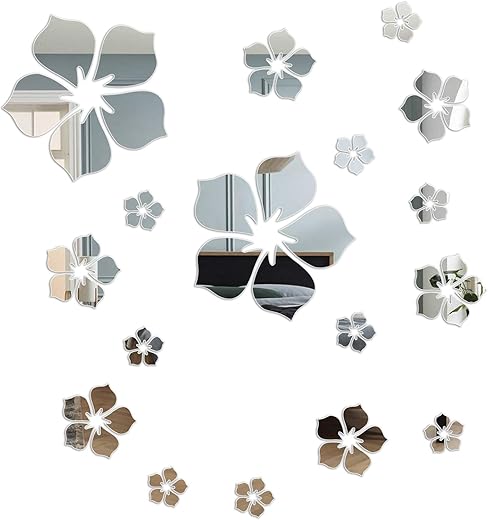 Acrylic Mirror Floral Wall Stickers Self Adhesive Mirror Wall Decor Removable Mirror Decor 3D Flower DIY Wall Sticker for Living Room Bedroom Bathroom (Silver)