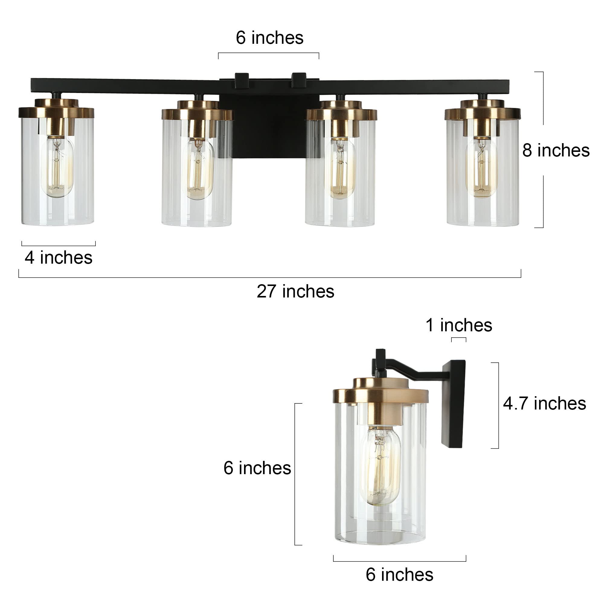 Durent Bathroom Vanity Light With Mercury Glass Shades - Black & Gold Modern Fixture
