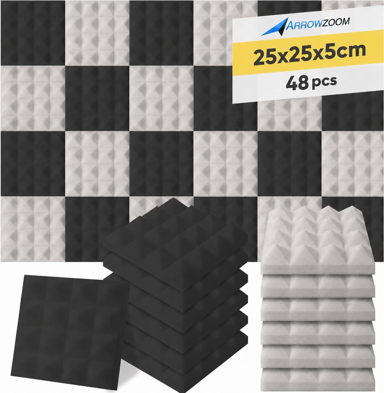 Arrowzoom Black & Gray 48 High Quality Acoustic Foam Tiles Pyramid Acoustic Sound Absorbing Treatment Panels Fire Retardant Black Gray 25X25x5cm