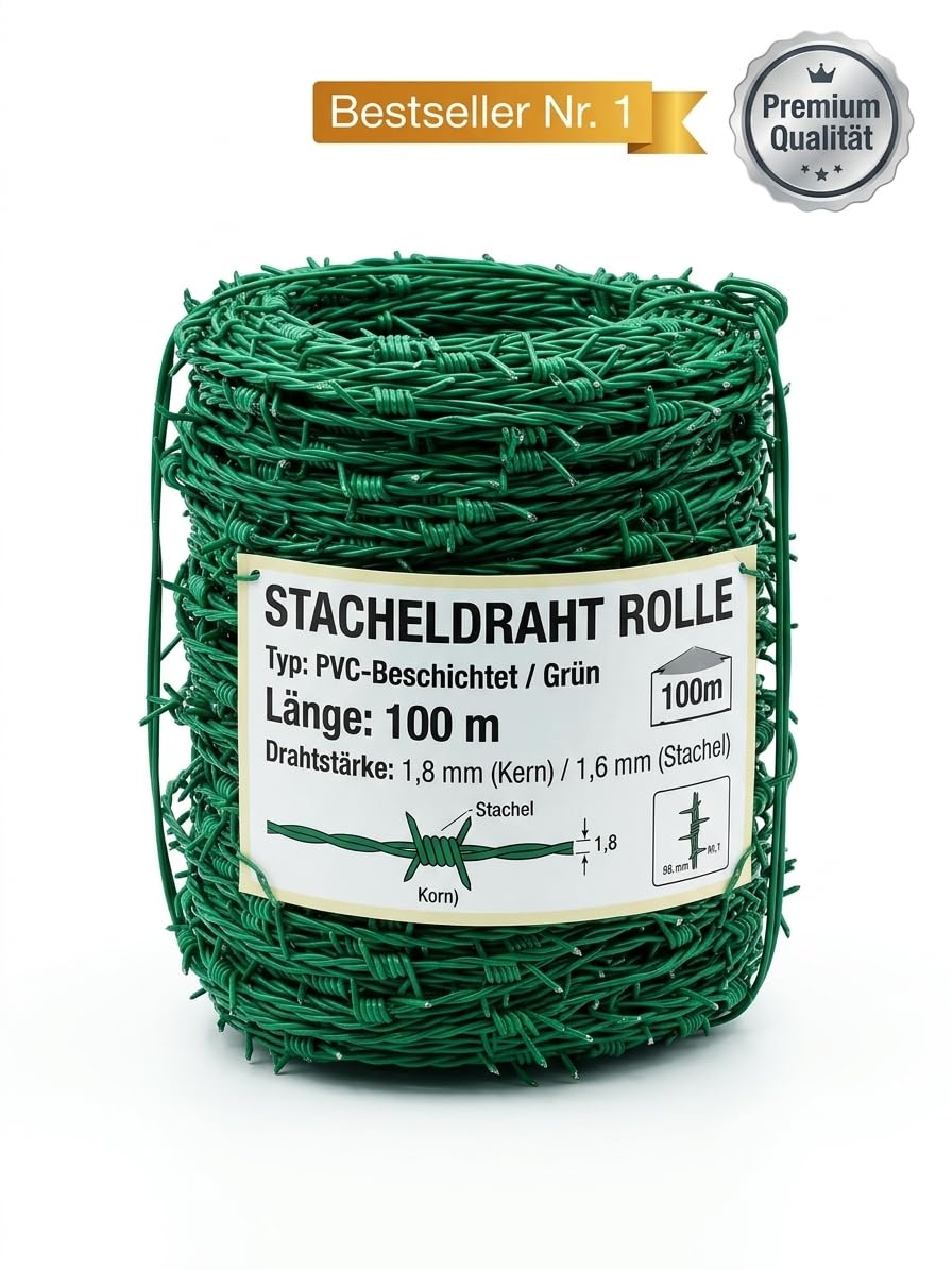 Stacheldraht Rolle grün PVC-beschichtet | 100m Sicherheitszaun für Garten & Grundstück | 1,6-1,8 mm Drahtstärke, wetterfest & unauffällig