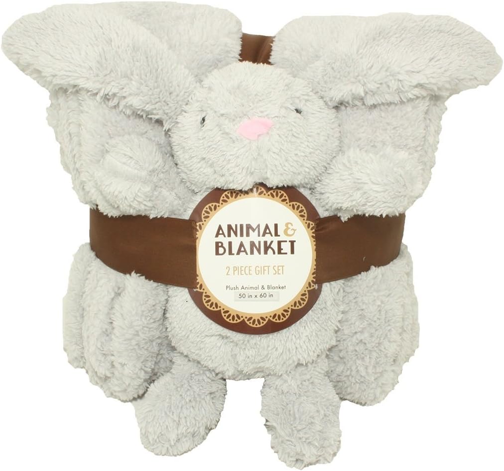 Silver One Sherpa Plush Stuffed Animal and Throw Blanket 2 Peice Gift Set for Kids/Children | 50" x 60" Soft Plush Throw | Get Well Gifts Grey Bunny