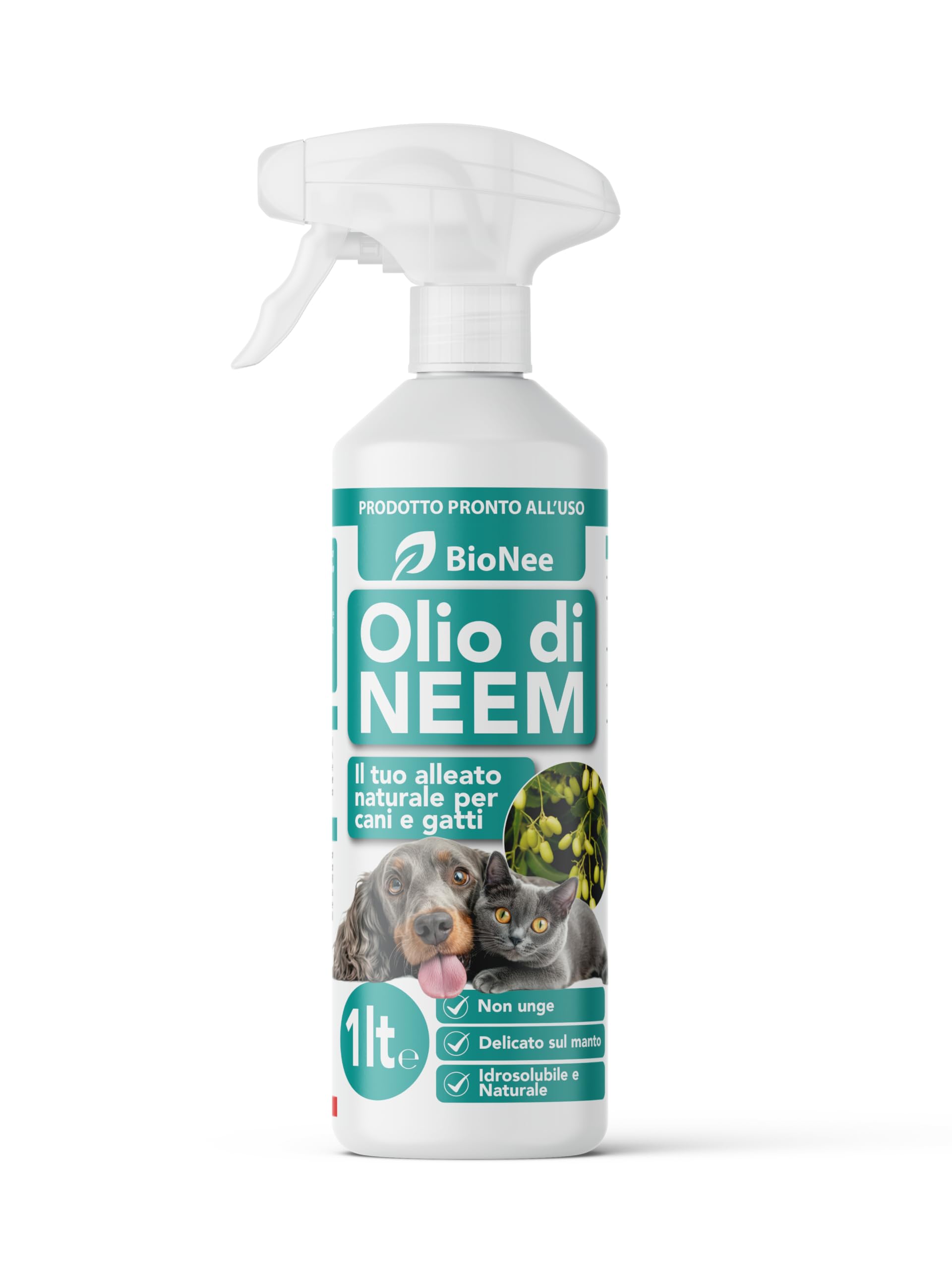 Huile de Neem pour Chiens et Chats Spray 1 L - Hydrosoluble, Naturel, Non Graisse - Action Délicate, Effet Barrière Dégoûté à Tiques Chiques Moustiques Insectes