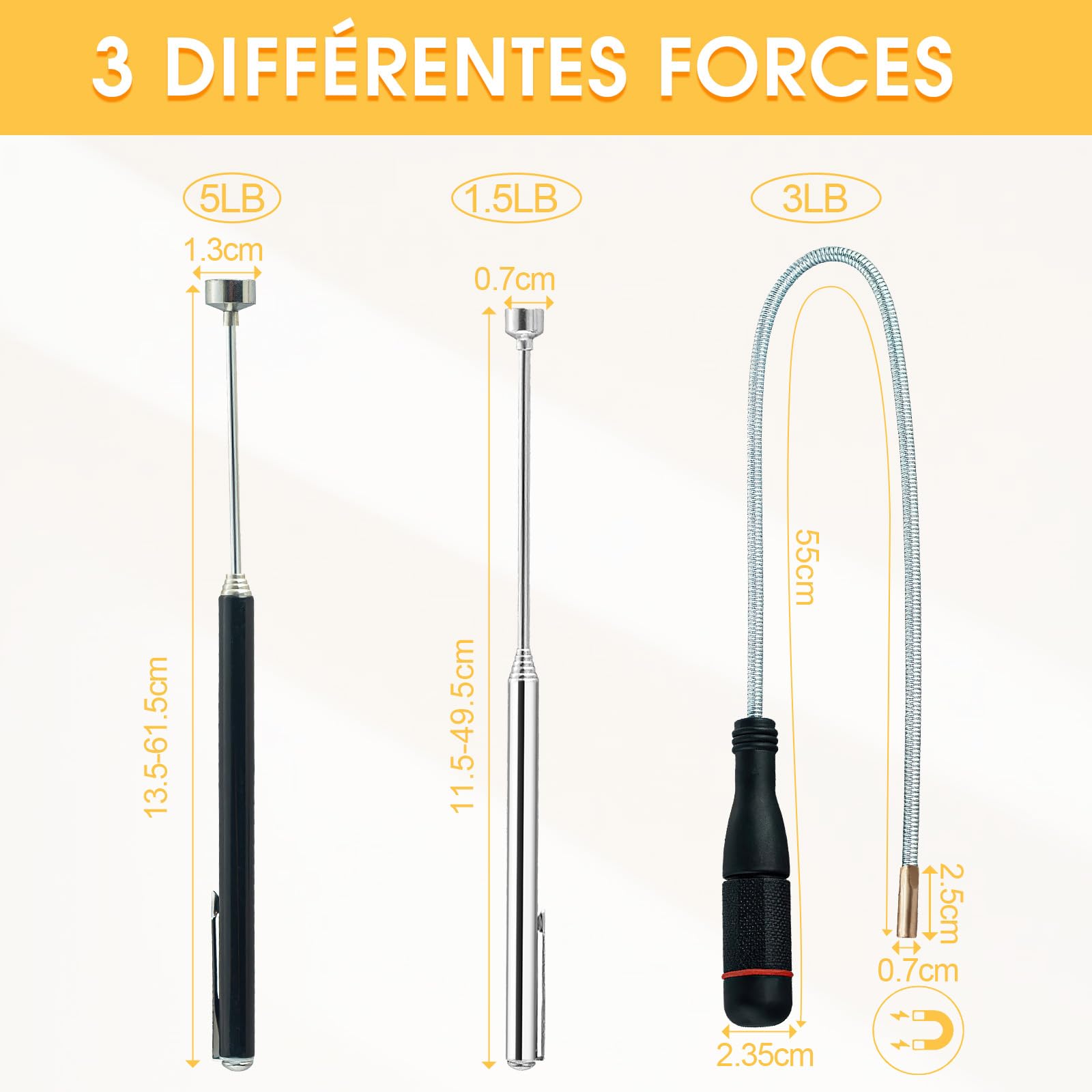 VEGCOO 3Pcs Herramientas de Recogida Iman Flexible Telescópicas Magnéticas 1.5LB 3LB 5LB, Herramientas Taller Mecanico Iman Telescopico Recogedor Magnético Para Recoger Piezas