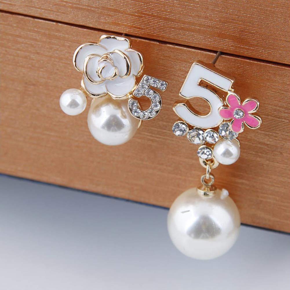 Faux Imitation Pearl White Black Floral Dangle Drop Earrings Studs