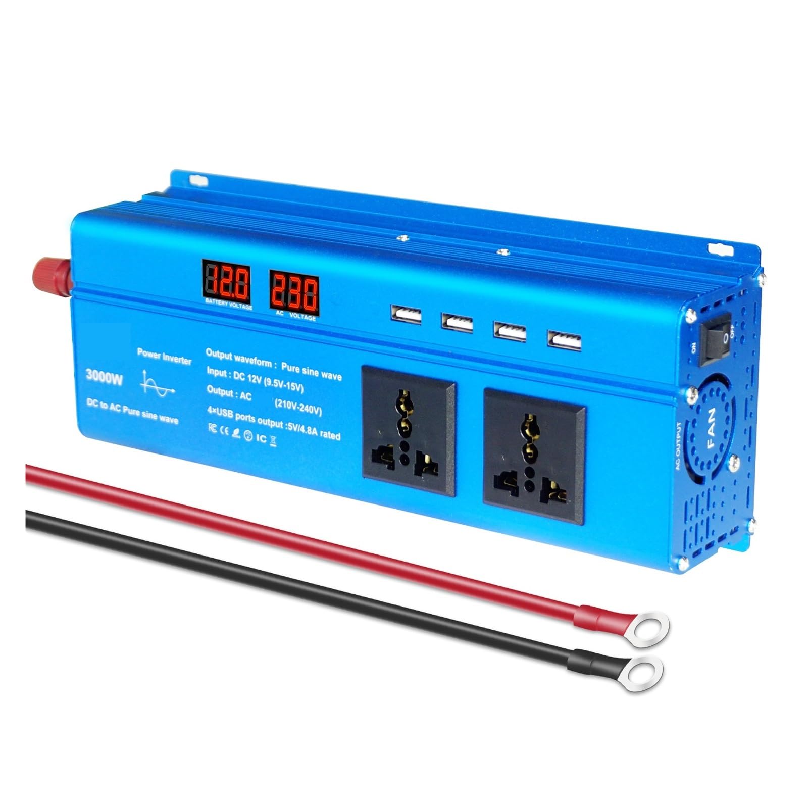 DC 12V A AC Inverter A Onda Sinusoidale Pura 1000W/1500W/2200W/2600W/3000W LED Voltmetro Convertitore Trasformatore Universale Efficiente più Sicuro(3000W,12V 60Hz)