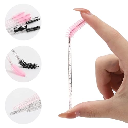 Vista 19 de 100 varitas de rímel desechables, cepillo de carretes de cejas de cristal para extensiones de pestañas, cepillos de pestañas rosas con contenedor