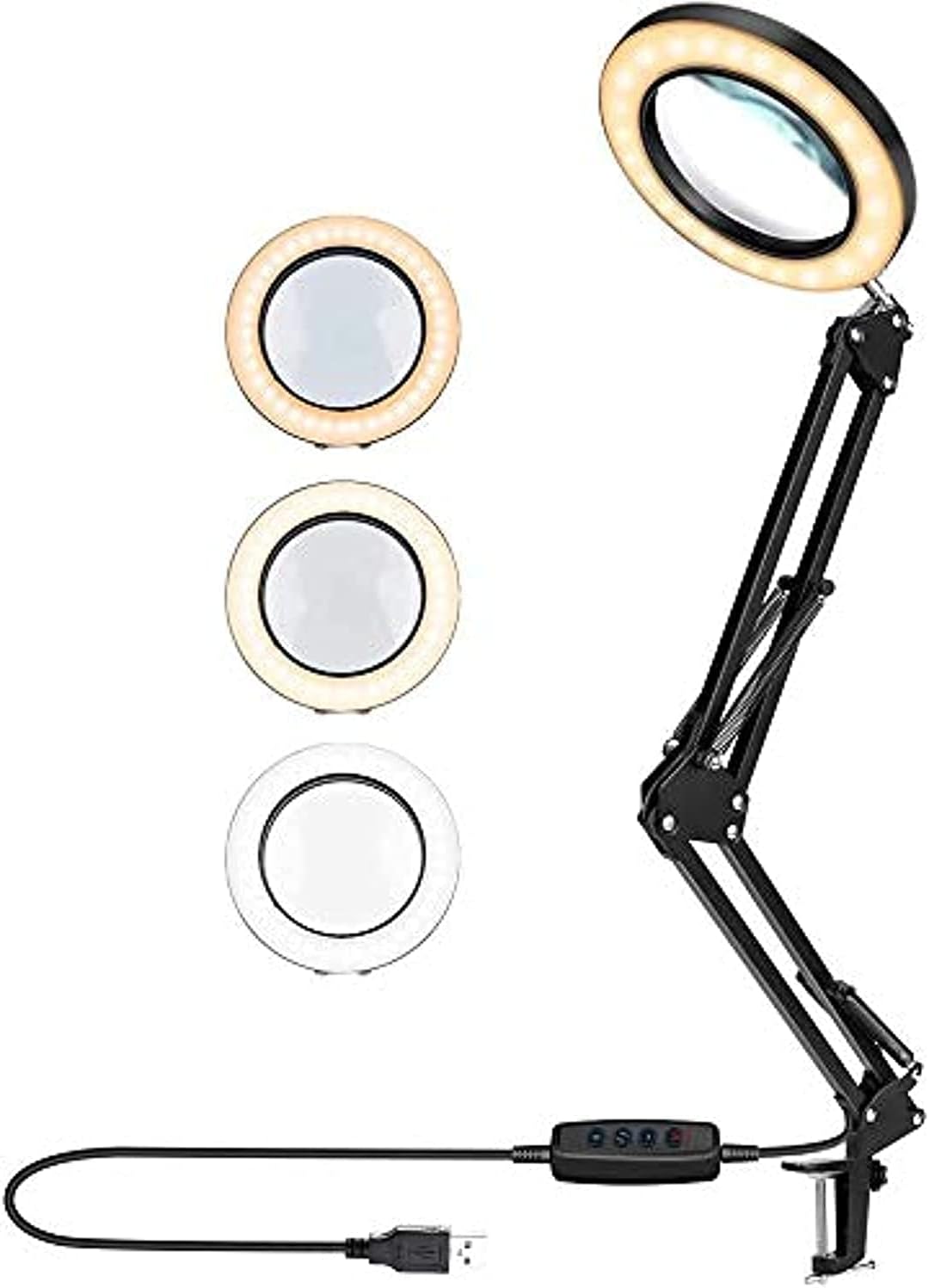 LED Desk Lamp, 8X LED Magnifying Lamp Adjustable Eye-Caring Reading Lamp with Clamp, Metal Swing Arm Magnifier Light 3 Colors Illuminated for Reading, Studying, Office, Rework Craft With Charger