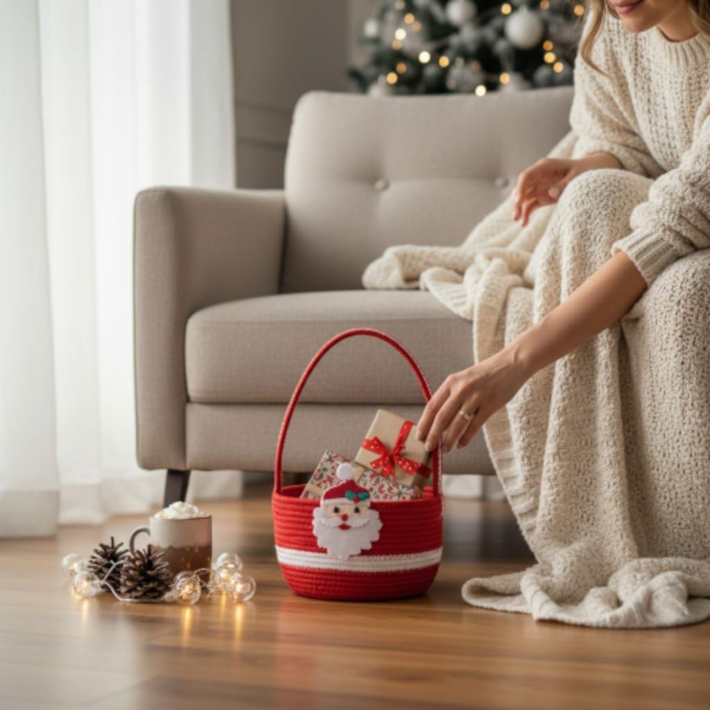 LIGHTER HOUSE Christmas Jumbo Jute Storage Basket with handle, Red and White Jute Rope Decorative Container with Santa Design, Gift Organizer, Size 7x7 Inch, Pack of 01 Pc. 2