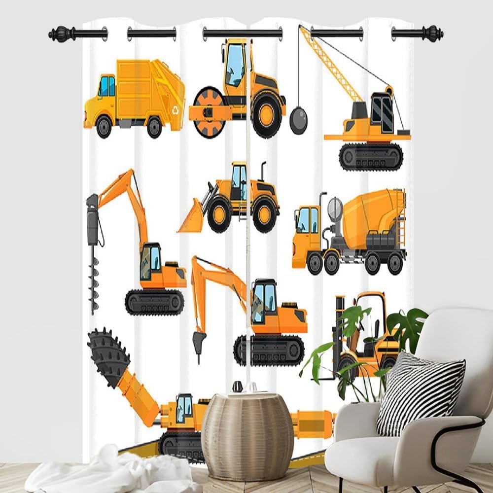 Construction Truck Curtains for Boys Bedroom White Yellow Cartoon Excavator Tractor Construction Site Blackout Window Curtains with Grommets Nursery Window Drapes 2 Panel Set,26x96inch