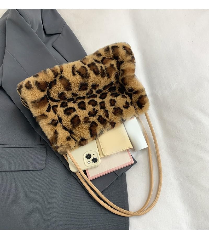Cartera pequeña para mujer, cartera de invierno con estampado de leopardo, tote Y2K floja con pelo sintético, mini cartera de pelo para mujer miniatura 5