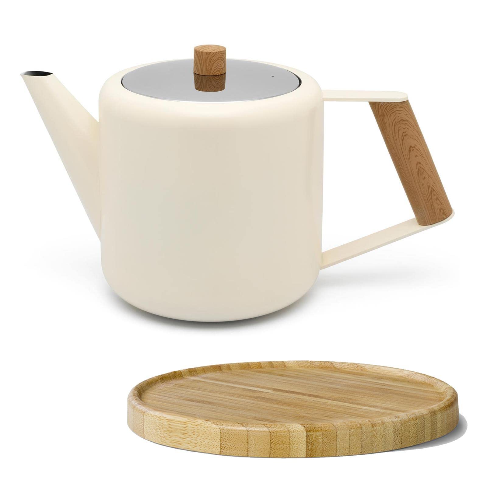 Bredemeijer Teekanne Set 1.1 Liter - Edelstahl doppelwandig Creme-Weiß - Großer moderner Teebereiter ohne Filter - inkl. Holz-Untersetzer braun