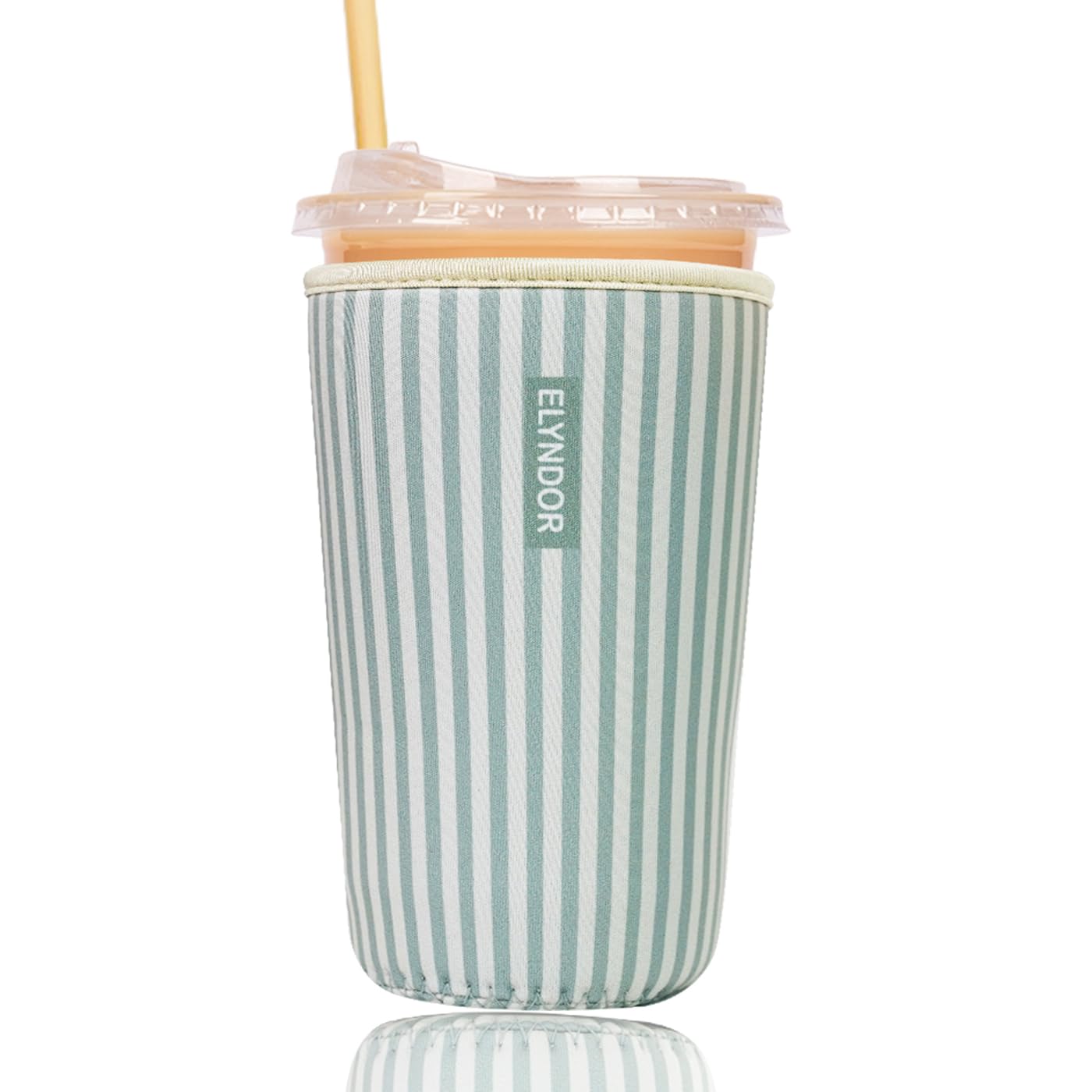 Reusable Insulated Sleeve for Iced Coffee Cup, Coffee Neoprene Sleeve for Cold &amp; Hot Drinks, Beverage Holder for Iced Coffee (Green Stripes, Large: 32oz)