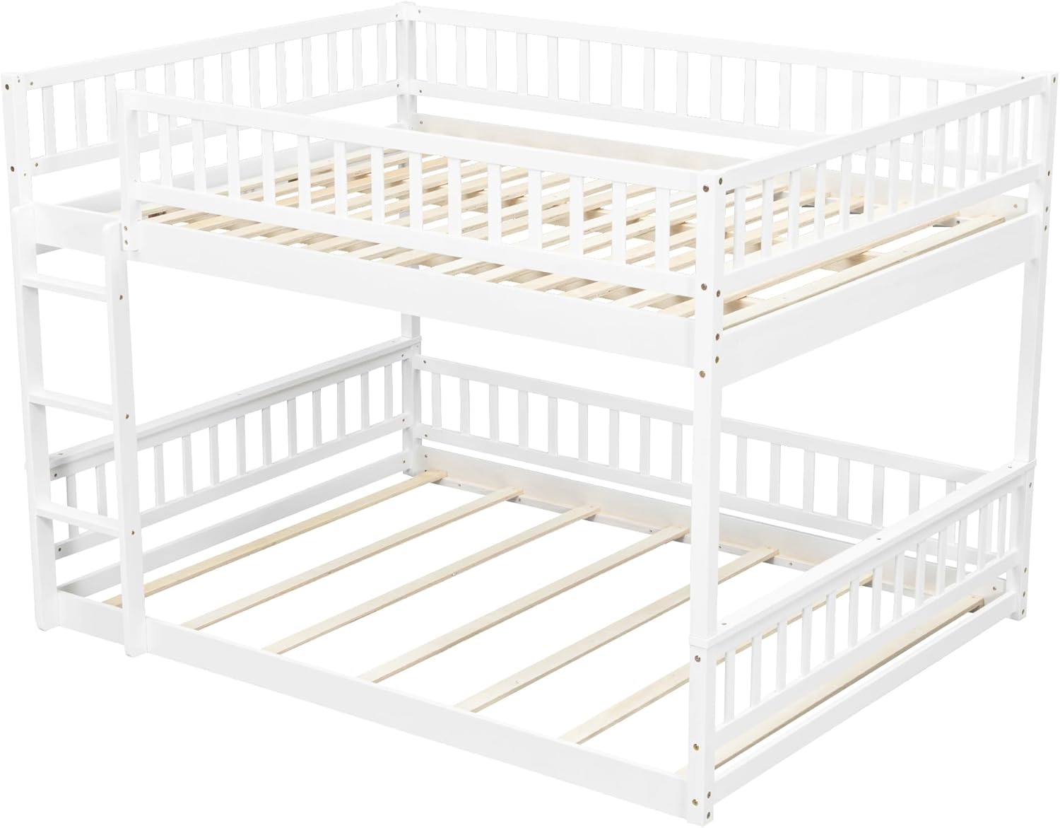 LZ LEISURE ZONE Queen Over Queen Bunk Bed, Wood Bunk Bed with Ladder and Guardrails, No Box Spring Needed, White