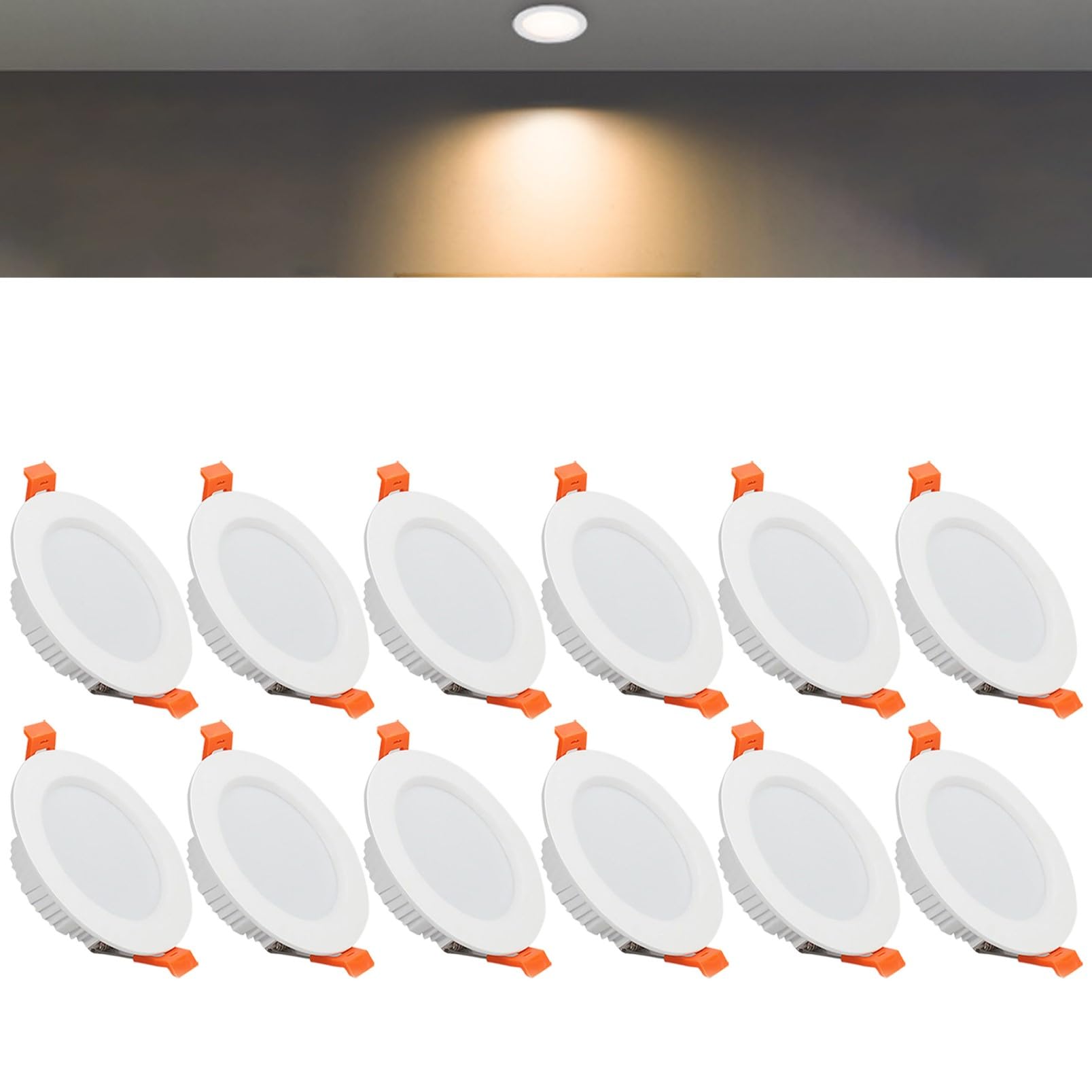 TTiiLoe 7W Round LED Recessed Ceiling Spotlights, 3000K Warm White Ultra Slim Panel Ceiling Light, Cut Φ80-90mm, AC110-240V Downlights for Hallway Stairwell Showroom, 12 Pack