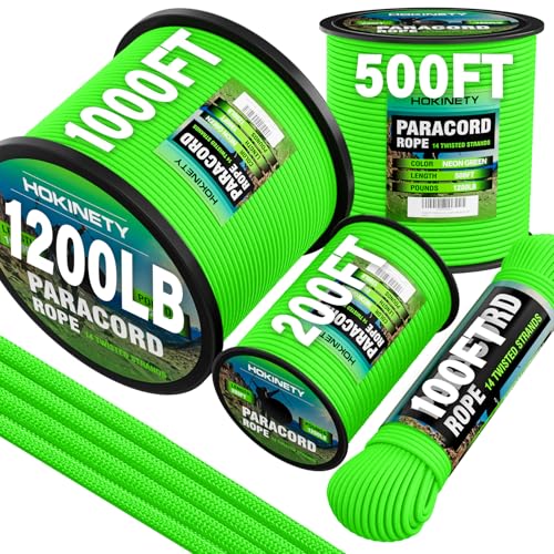 HOKINETY Cuerda de paracaídas de 1200 libras – 100 pies / 200 pies / 500 pies / 1000 pies 4.4 mm 14 hebras carrete de paracaídas cordón cordón para camping, supervivencia, senderismo, hamaca, pesca