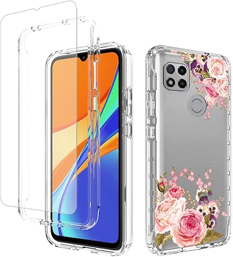 Funda para Xiaomi Redmi 9C/Redmi 10A/Redmi 9 Activ con protector de pantalla de vidrio templado, cuerpo completo transparente con diseño floral,