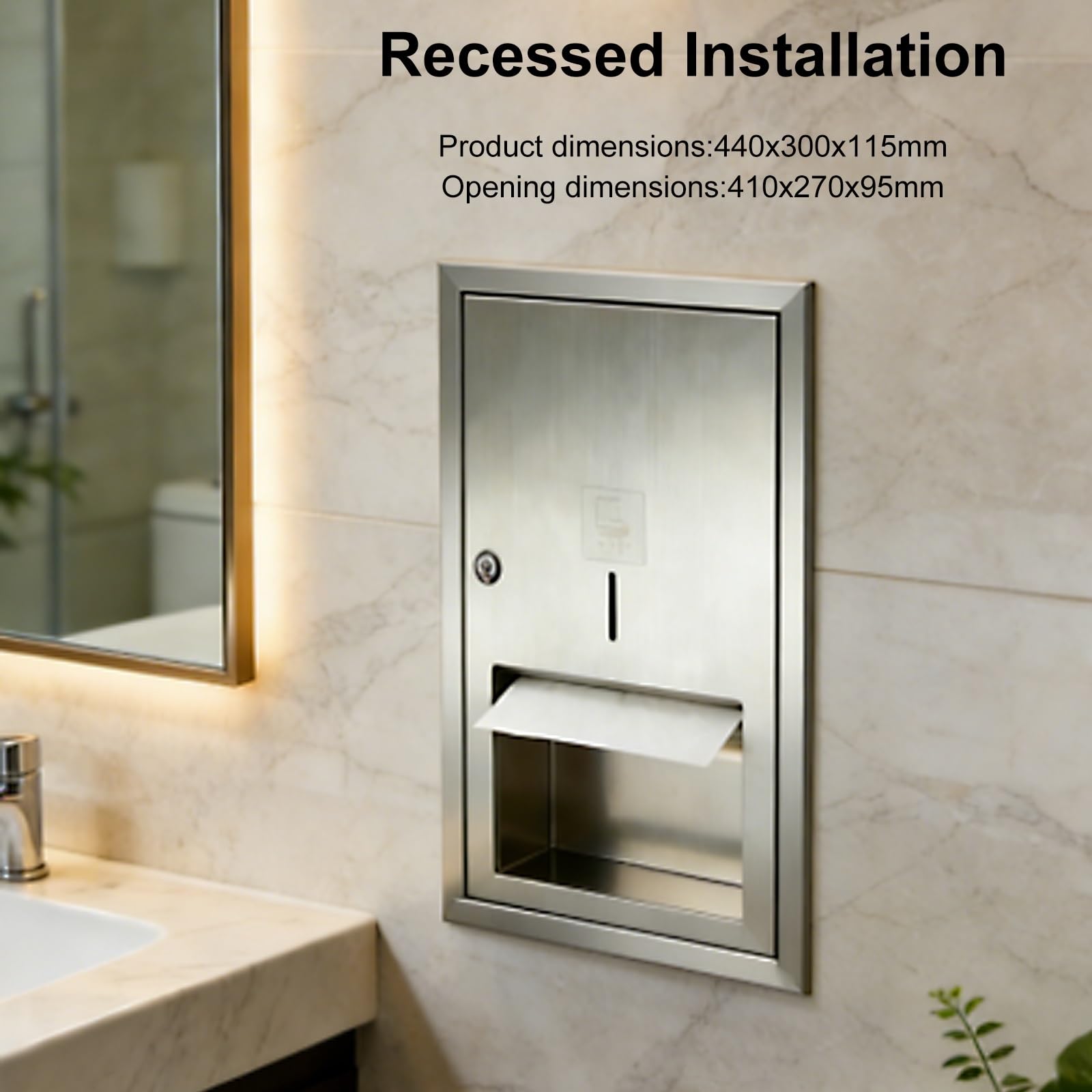 Dispensador Papel Secamanos Empotrable, Dispensador de Toallas de Papel de Acero Inoxidable 304 con Cerradura de Metal para Baños, 440 X 300 X 115 Mm