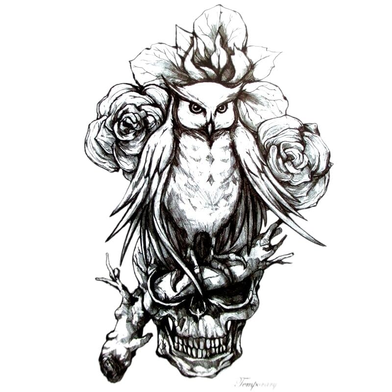5 unids búho cráneo temporal tatuaje etiqueta engomada grande negro búho temporal cuerpo artes flash tatuaje pegatinas sexy productos