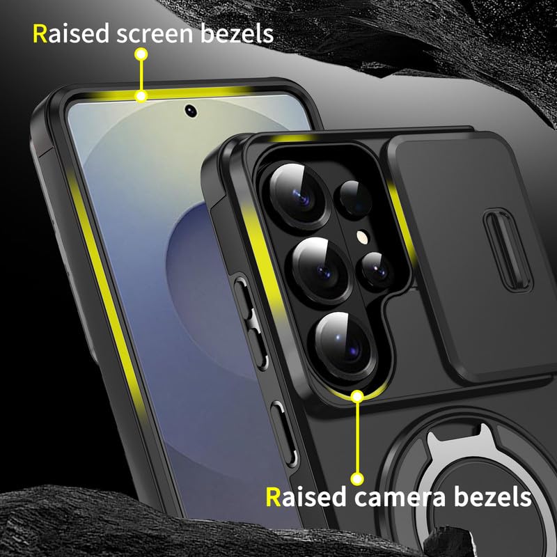Image of LuxuryKase Shockproof Rugged Case for Samsung Galaxy S26 Ultra | Slide Camera Cover | 360 Rotating Ring Kickstand | Military-Grade Protection - Matte Black