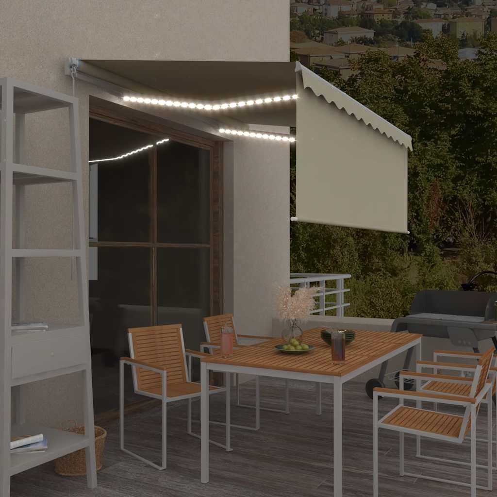 Ręcznie zwijana markiza z roletą i oświetleniem solarnym LED, 3 x 2,5 m, kremowa, odporna na działanie promieni UV tkanina poliestrowa, regulowana rama aluminiowa, korba ręczna do łatwego montażu