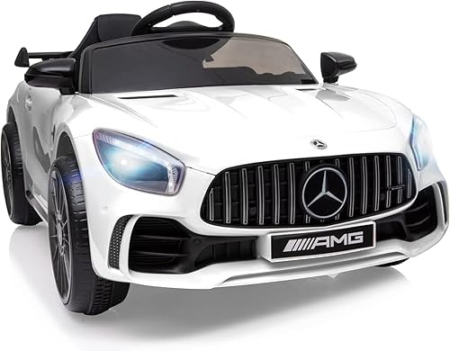 Auto Benz con licencia oficial para niños, control remoto, batería de 12 V, AUXFMUSB, luces LED, vehículo de juguete eléctrico (blanco)