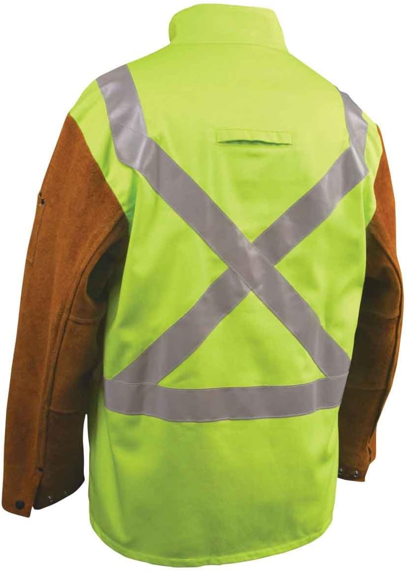 Black Stallion JH1012-LM Cotton/Cowhide Welding Jacket with Pass-Through, 30" 9 oz, Lime, Large