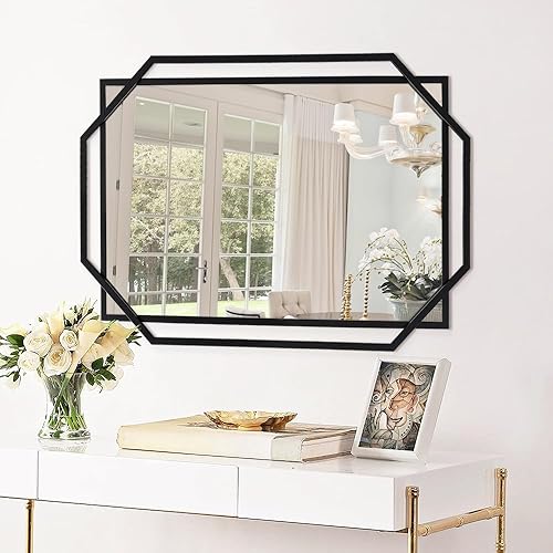 Miniatura 6 de Espejo decorativo de pared, espejo de baño negro, espejo de tocador con marco de metal, espejo de acento moderno para sala de estar, entrada y