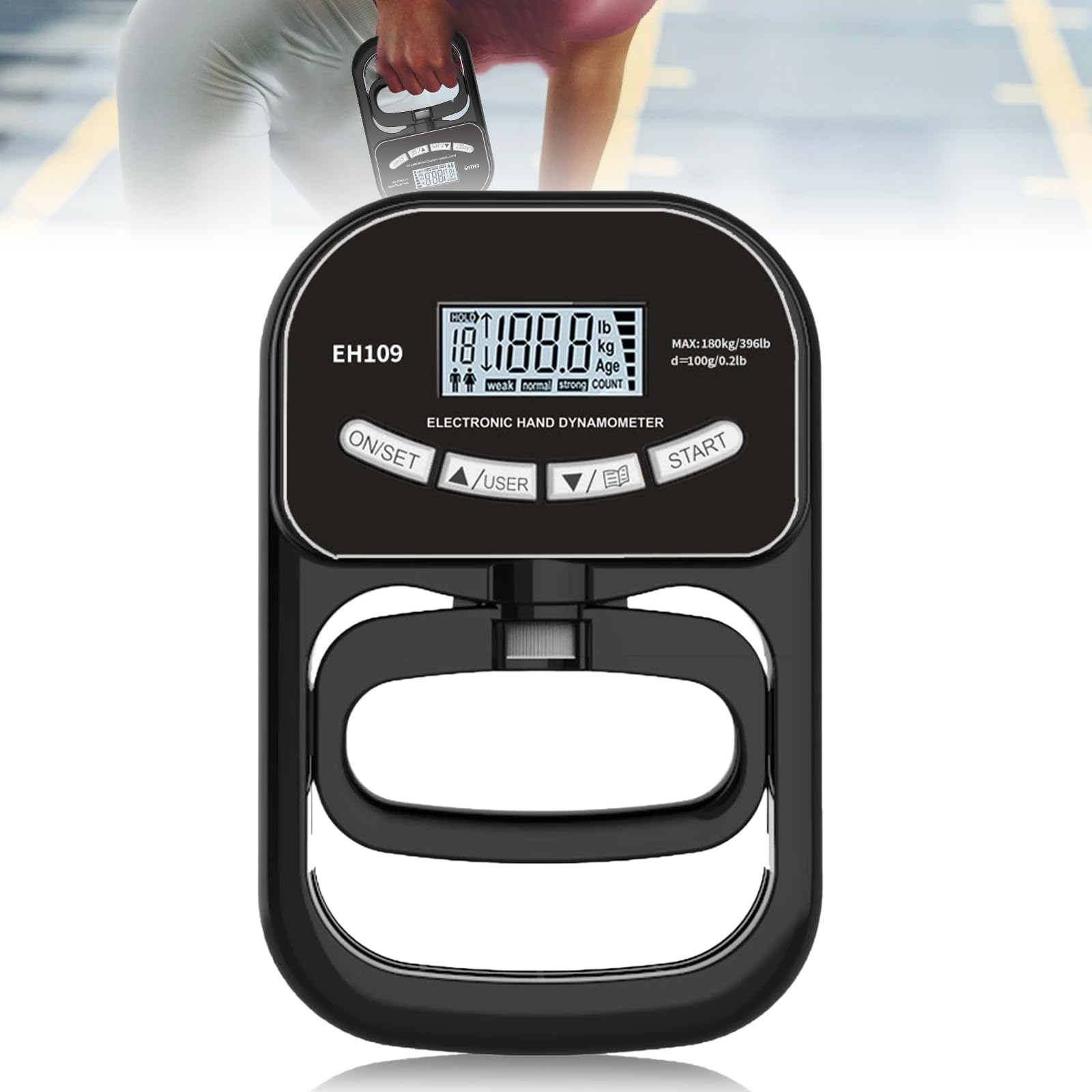 Dynamómetro digital de mano de 180 kg/396 lb, medidor de fuerza de agarre con cable de carga USB, indicador LED, entrenador de fuerza de agarre, color negro