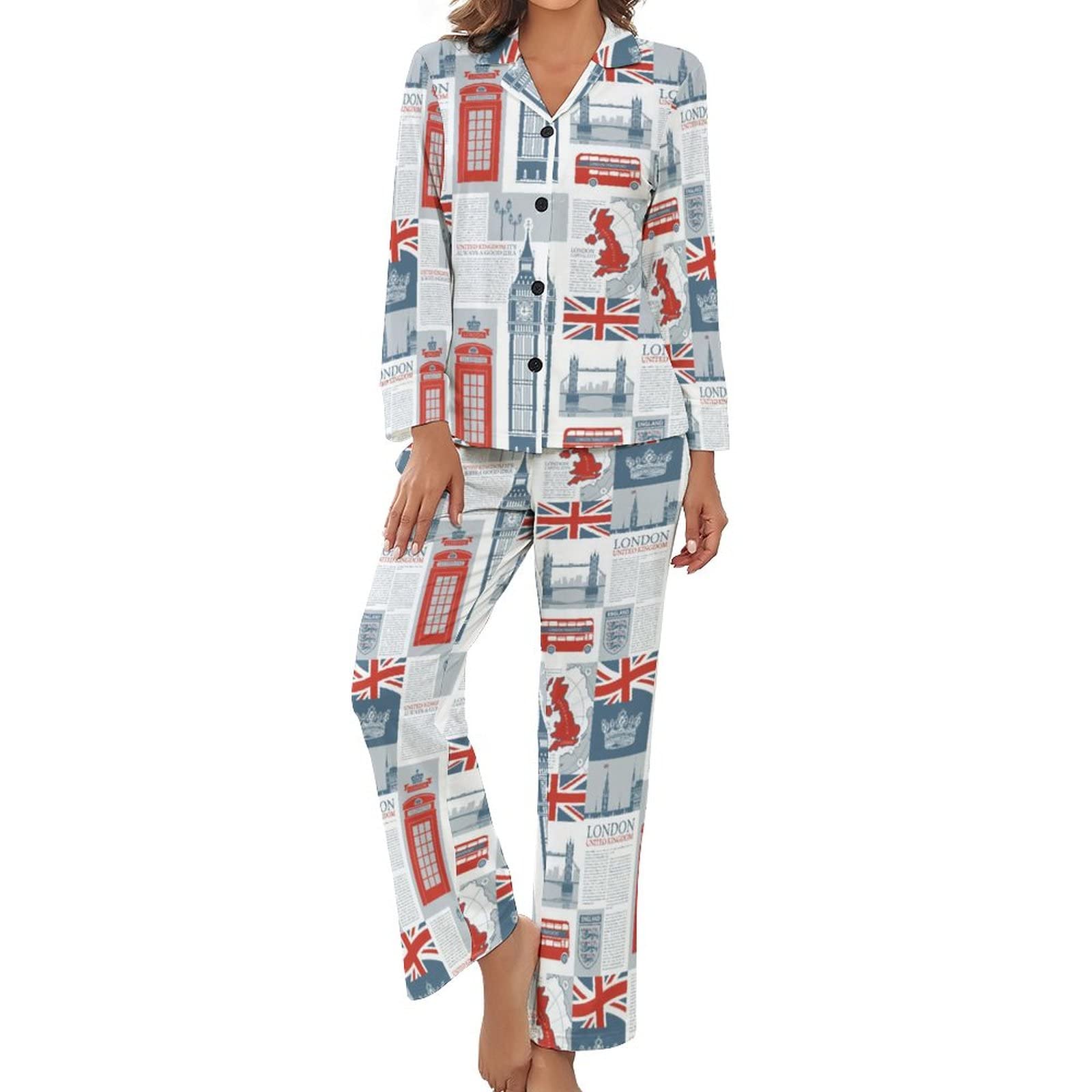 Women's Black Theme Of Uk And London British Flag Pajamas Set Long Sleeve Pj Set Button Down Sleepwear Pajamas Loungewear Xl