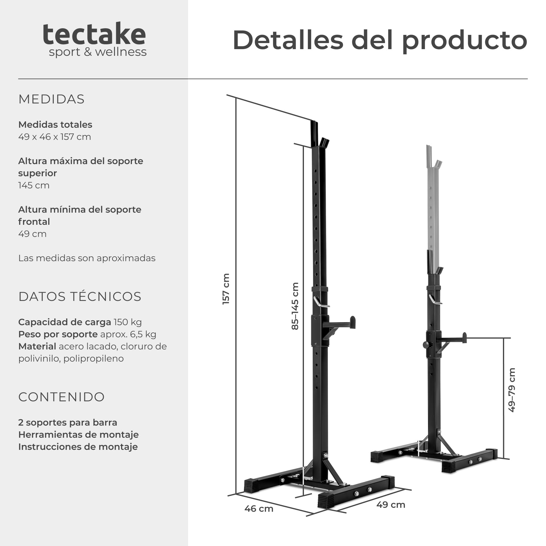 tectake® Soporte Barra Pesas, Rack Musculación Ajustable, Soporte Sentadillas, Squat Rack Estable, Deporte en Casa, Gimnasio en Casa, Barra Musculacion, Soporte Press Banca, Gym - Negro