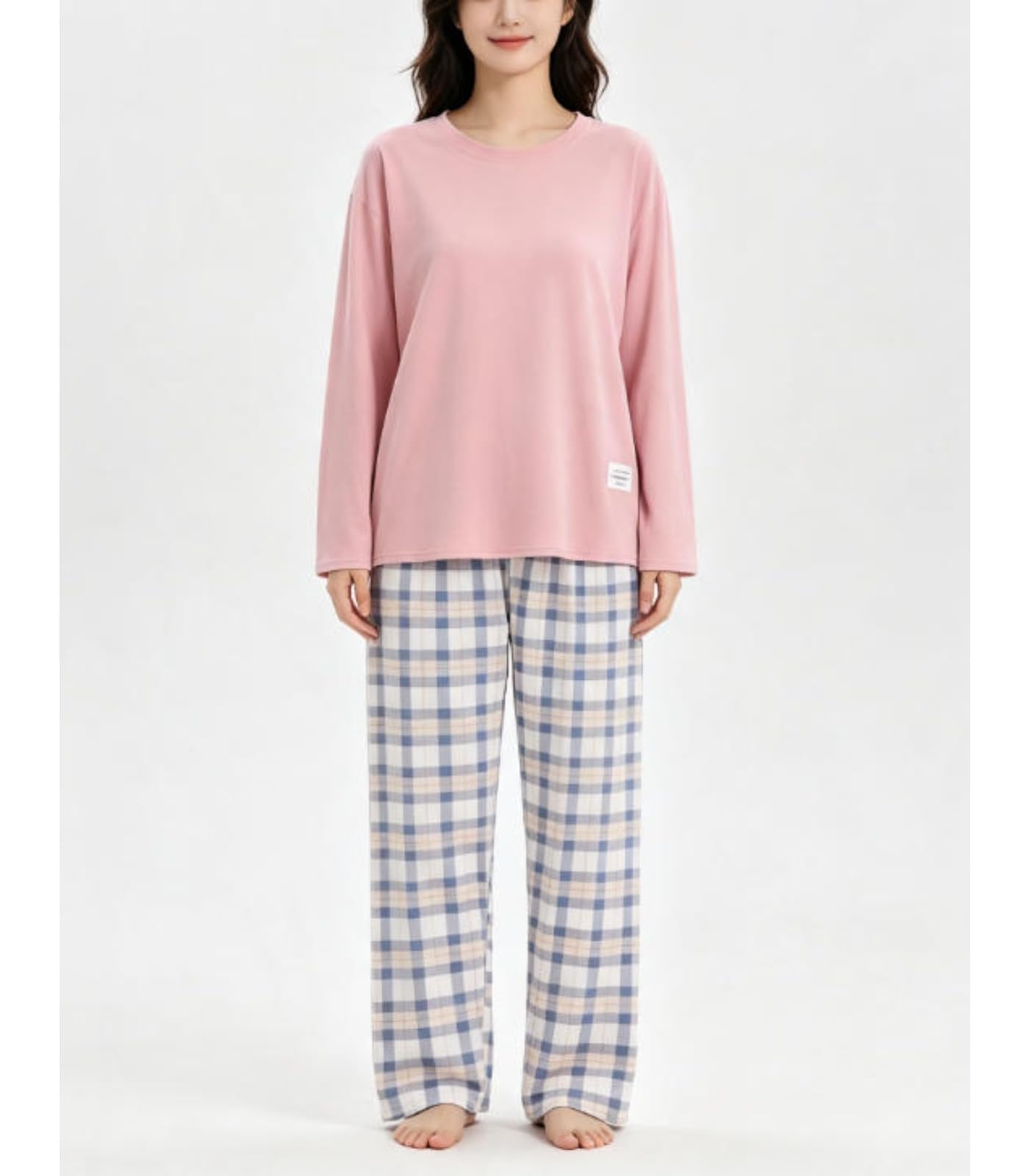 Conjunto de pijama casual de manga larga para mujer, cómodo conjunto de pijama a cuadros, Rosa, M