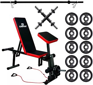 Kit 40kg Anilhas + Halteres 40 Cm + Banco 7x1 + Barra 120cm Treino em Casa Academia Estação de Musculação Fortalecimento de Braço