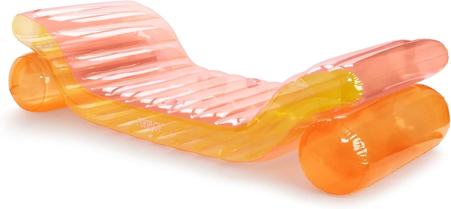 FUNBOY Giant Inflatable Luxury Clear Rainbow Dual Chaise Lounger Pool Float, Transparent Pink, Orange and Yellow Material, Perfect for a Summer Pool Party