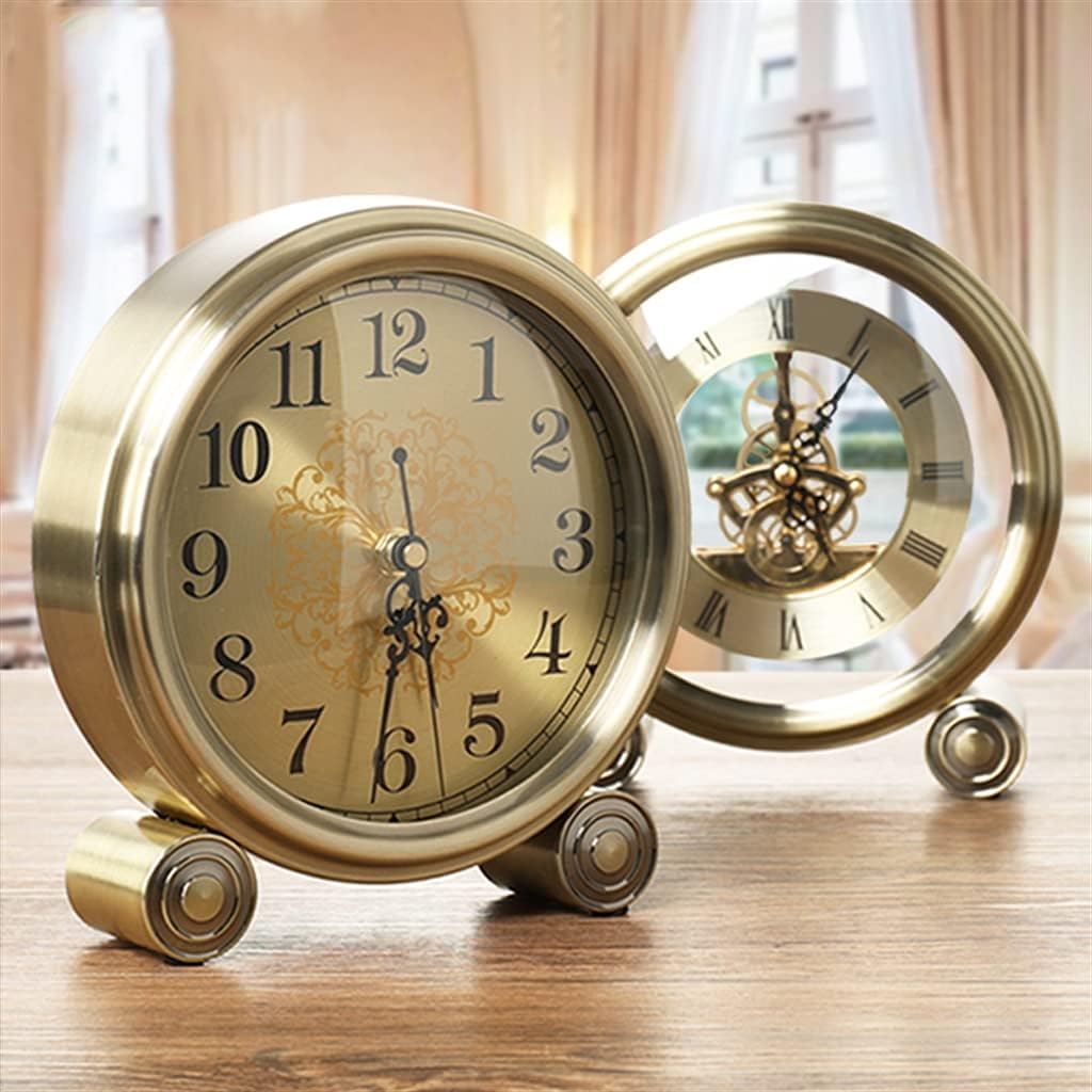 FMURY Vintage Table Clock Luxurious Quartz Silent Alarm Clock Retro StudyRoom Desk Horloge(E)