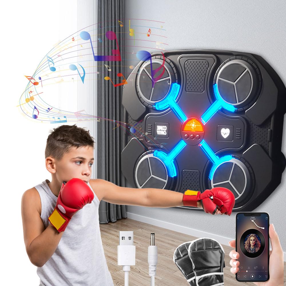 Music Boxing Machine Kids, Smart Music Boxing Machine with Boxing Gloves, Bluetooth Boxing Machine Wall Mounted, 3-Level Speed, Music Boxing Machine for Children Home Exercises, USB Charging